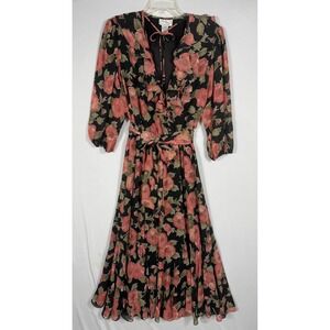 Vtg 90s Y2K Tres Jolie Floral Chiffon Ruffle Maxi Dress Black Pink L/XL Romantic